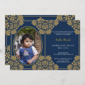 アンナプラシャン最初のライスブルー金ゴールド飾り写真 招待状 (正面/裏面)