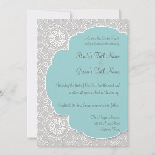 アンナリーセピーコックダマスクアクアブルーグレー招待状 招待状 (正面)