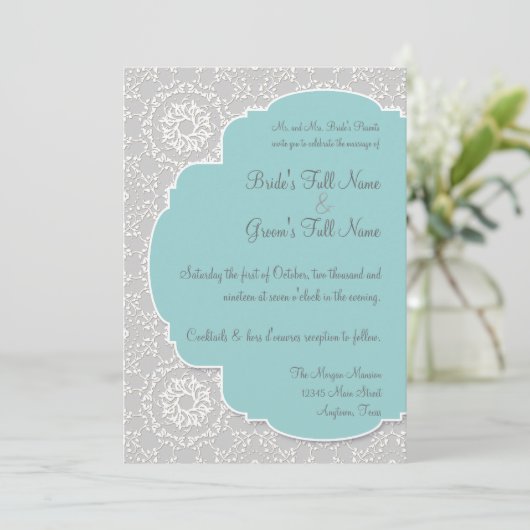 アンナリーセピーコックダマスクアクアブルーグレー招待状 招待状 (スタンド正面)