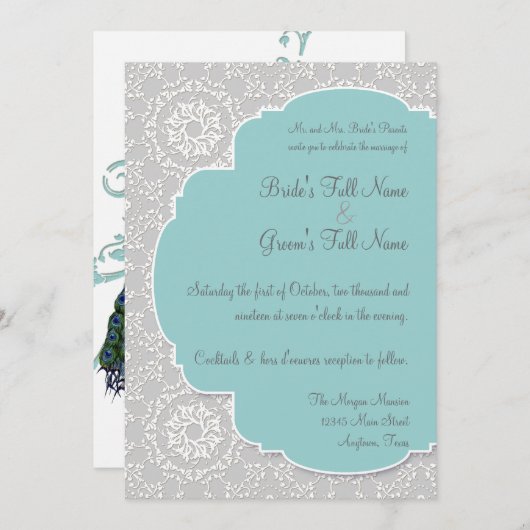 アンナリーセピーコックダマスクアクアブルーグレー招待状 招待状 (正面/裏面)