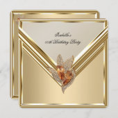 アンバーエレガントカラメルベージュ金ゴールド誕生日パーティー 招待状 (正面/裏面)