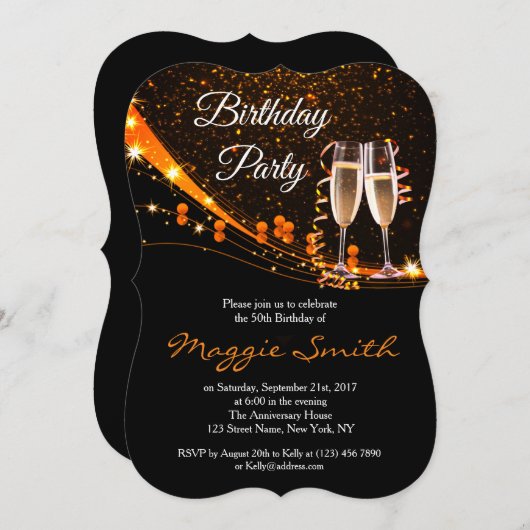 アンバーシエレガントャンパンバースデーパーティー招待状 招待状 (正面/裏面)