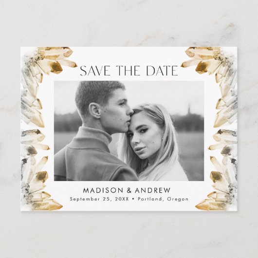 アンバー ウォーターカラー 結晶 写真付き Save the Date 案内ポストカード (正面)