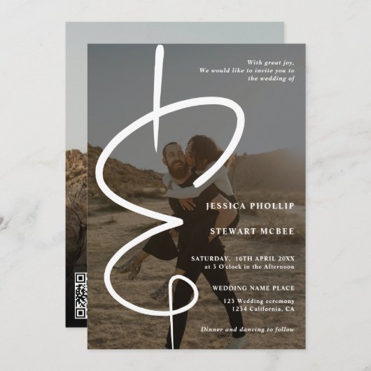 アンパサンドシック写真書道Qrコード結婚s 招待状 (正面/裏面)