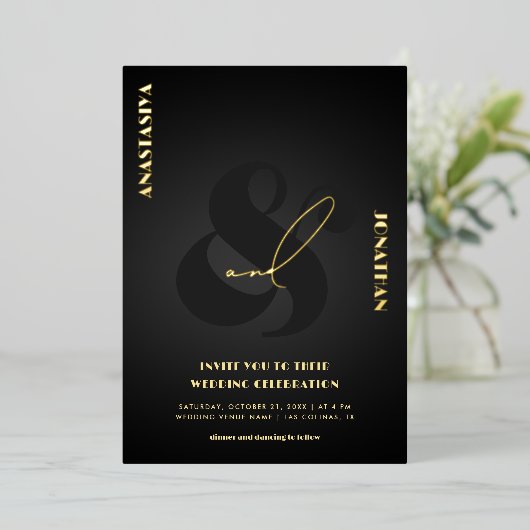 アンパサンドスタイリッシュスクリプ結婚ト黒暗実在色 箔招待状 (立ち正面)