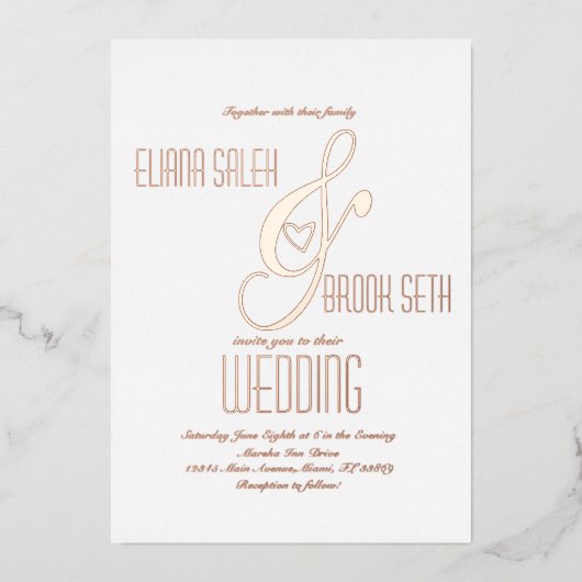 アンパサンドハート結婚金ゴールドの押し込み 箔招待状 (正面)