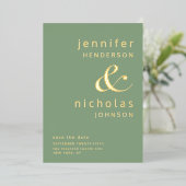 アンパサンドモダンセージ緑の写真日付を保存 箔招待状 (立ち正面)