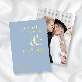 アンパサンドモダンパウダーブルー写真日付の保存 箔招待状