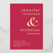 アンパサンドモダンフォトマゼンタ日付の保存 箔招待状 (正面)