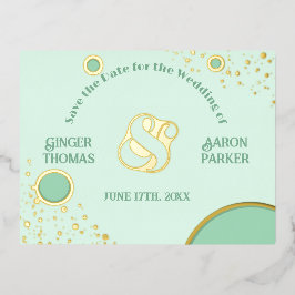 アンパサンドレトログリーン金ゴールド結婚式の日付の保存 箔招待状ポストカード