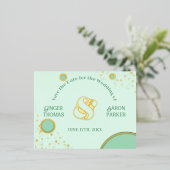 アンパサンドレトログリーン金ゴールド結婚式の日付の保存 箔招待状ポストカード (立ち正面)