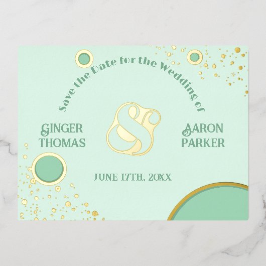 アンパサンドレトログリーン金ゴールド結婚式の日付の保存 箔招待状ポストカード (正面)