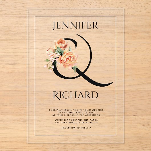 アンパサンド桃の牡丹のフローラ結婚ズ アクリル招待状 (正面)