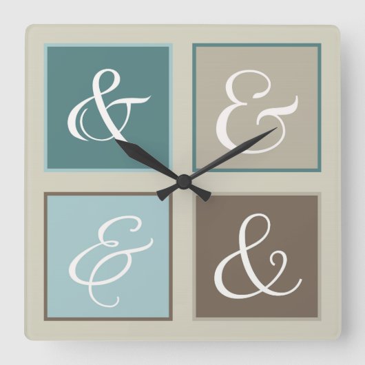 アンパサンド正方形、ティール(緑がかった色)、青、茶、灰色 スクエア壁時計 (正面)