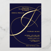 アンパサンド海軍の書道結婚の金ゴールドのスクリプト 箔招待状 (正面)