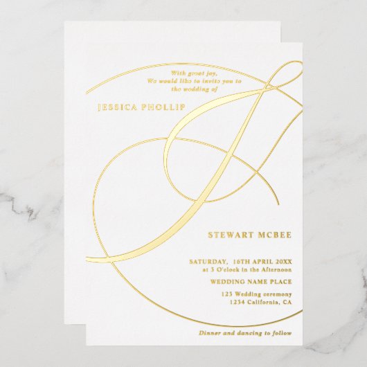 アンパサンド白書の結婚金ゴールドのスクリプト 箔招待状 (正面/裏面)