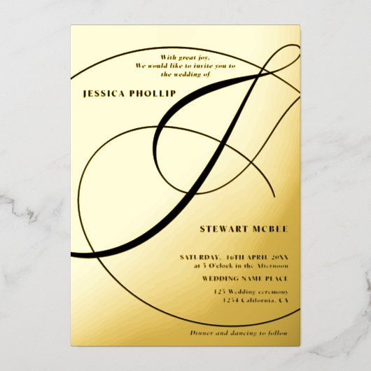 アンパサンド黒書道の結婚金ゴールドのスクリプト 箔招待状 (正面)