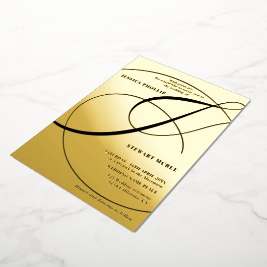 アンパサンド黒書道の結婚金ゴールドのスクリプト 箔招待状 (回転した状態)