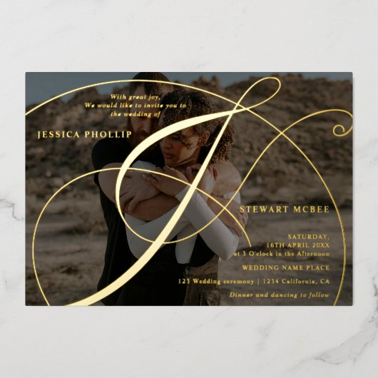 アンパサンド2枚の写真を書結婚跡の 箔招待状 (正面)