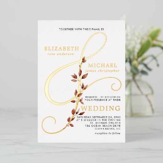 アンパモダンサンド写真エレガント秋の結婚式金ゴールド 箔招待状 (立ち正面)