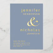 アンパモダンサンド写真ダスティブルー日付の保存 箔招待状 (正面)