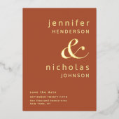 アンパモダンサンド写真Terracotta日付を保存 箔招待状 (正面)