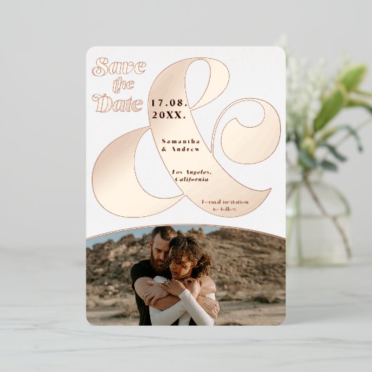 アンパモダンサンド2枚の写真が日付バラ金ゴールドを保存 箔招待状 (立ち正面)