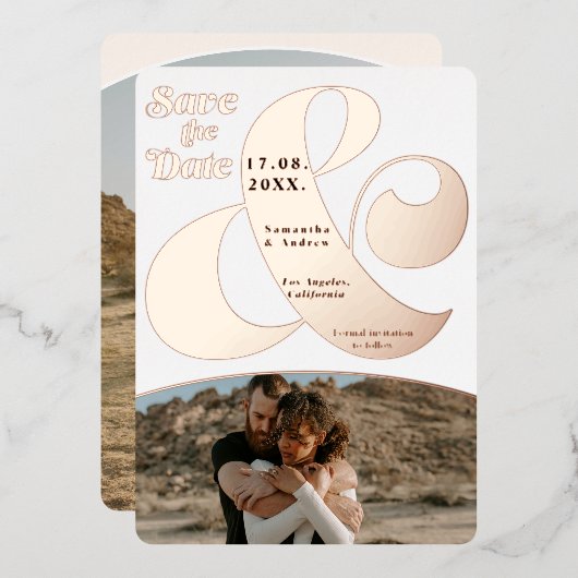 アンパモダンサンド2枚の写真が日付バラ金ゴールドを保存 箔招待状 (正面/裏面)