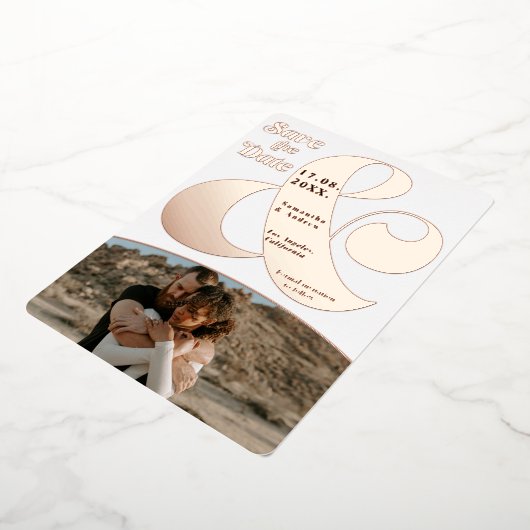 アンパモダンサンド2枚の写真が日付バラ金ゴールドを保存 箔招待状 (回転した状態)