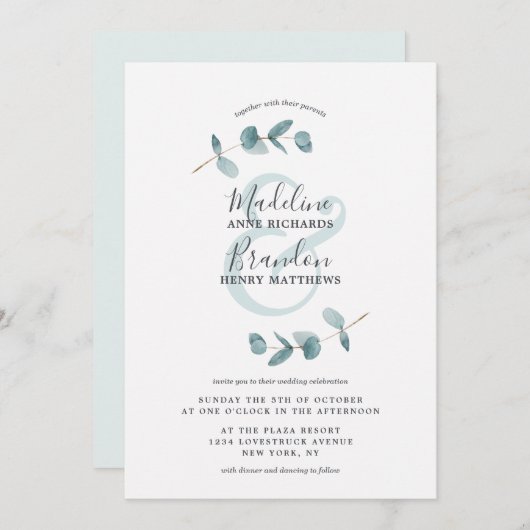 アンパモダンサンドEucalyptusリーススクリプ結婚ト 招待状 (正面/裏面)