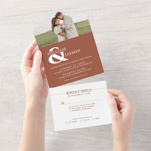 アンパモダンンパンド素朴・テラコッタ写真結婚の写真 オールインワン招待状 (貼ってはがせる)