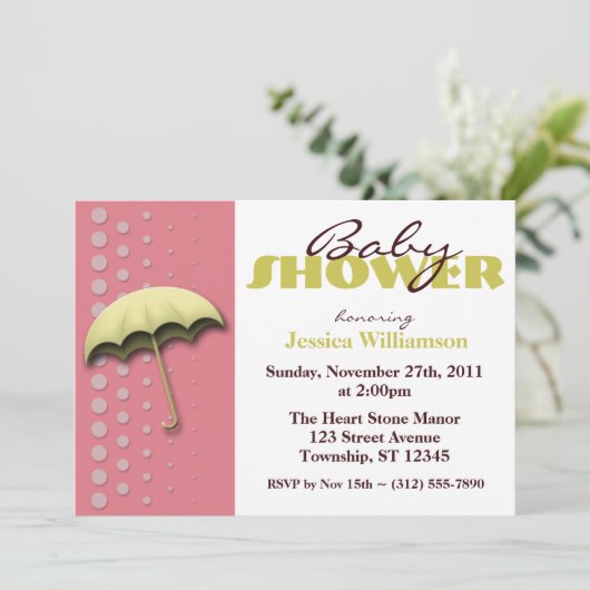 アンブレライエロー&ピンクベビーシャワー招待状 招待状 (スタンド正面)