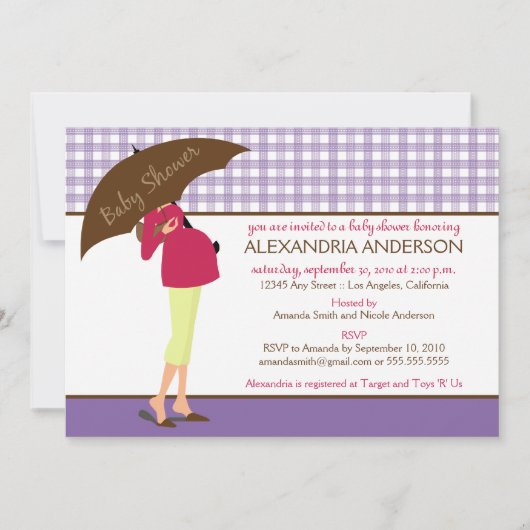 アンブレラマミジンガムベビーシャワー招待状（紫） 招待状 (正面)