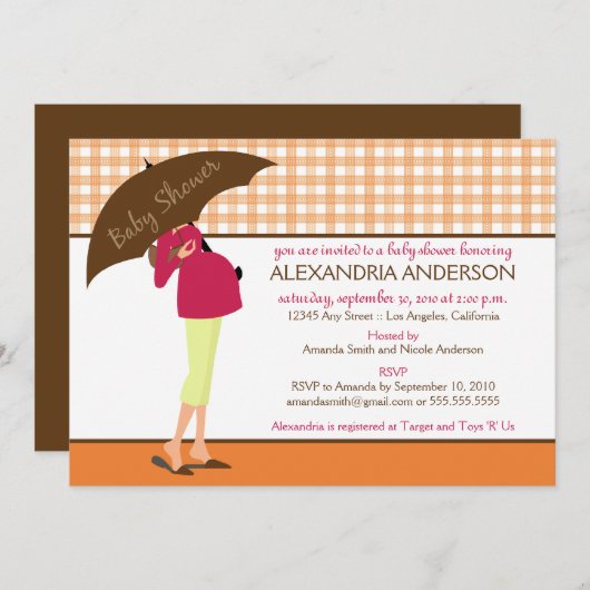 アンブレラマミーギンガムベビーシャワー招待状（オレンジ） 招待状 (正面/裏面)