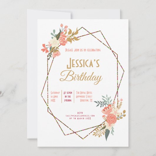 アンブロセコーラルフローラ幾何フェミニン誕生日 招待状 (正面)