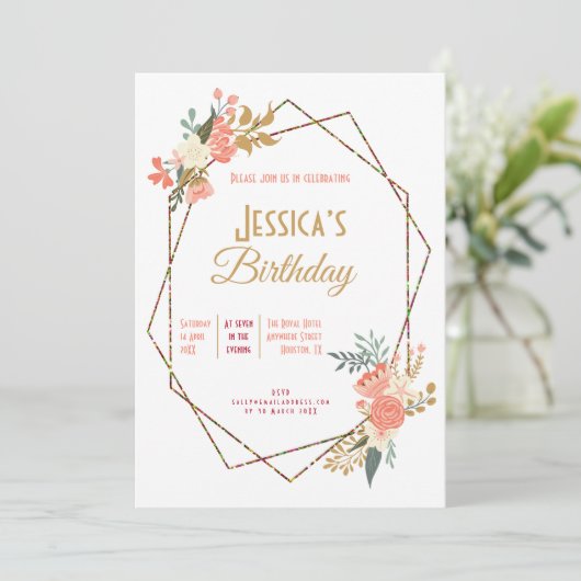 アンブロセコーラルフローラ幾何フェミニン誕生日 招待状 (スタンド正面)