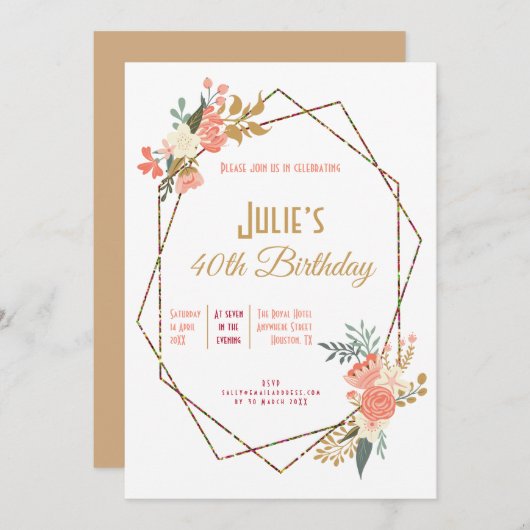 アンブロセコーラルフローラ幾何学模様40th Birthday 招待状 (正面/裏面)