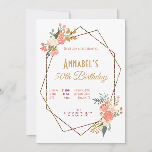 アンブロセコーラルフローラ幾何学模様50誕生日 招待状 (正面)