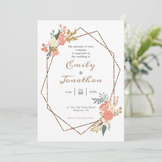 アンブロセコーラルフローラ幾何結婚フレーム 招待状 (スタンド正面)