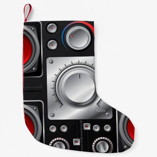 アンプとコントロールノブ付きの赤いスピーカ スモールクリスマスストッキング (正面)