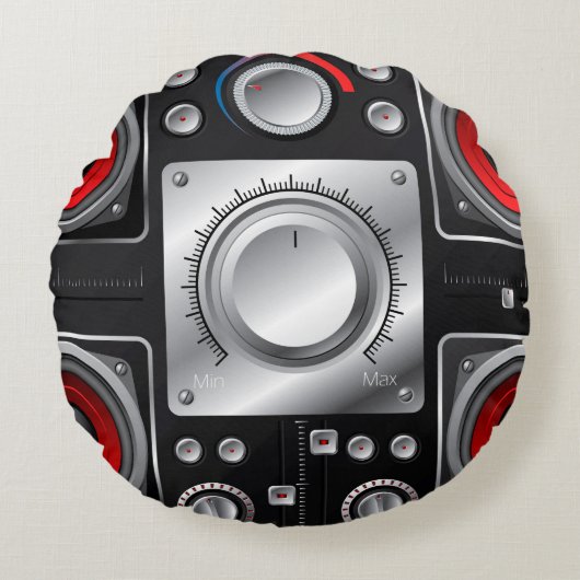 アンプとコントロールノブ付きの赤いスピーカ ラウンドクッション (正面)