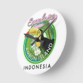 アンボンアイランドインドネシア旅行ロゴウッドウォールアート ラウンド壁時計 (傾斜)