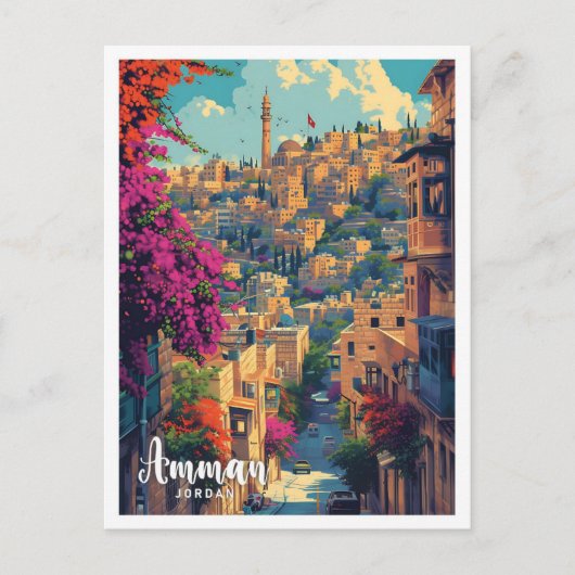アンマンヨルダンヴィンテージアートトラベルイラストレーション ポストカード (正面)