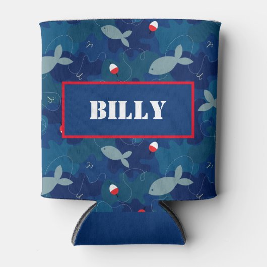 アンリング魚釣りパーソナライズされたブルー迷彩柄 缶クーラー (正面)