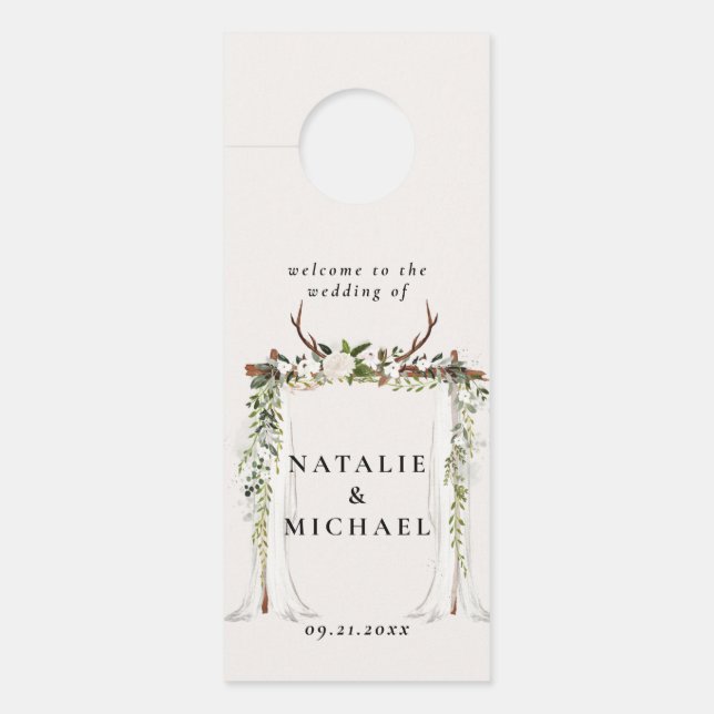 アン素朴ターウォーターカラーボホフローラア結婚ーチ ドアノブサイン (正面)