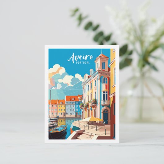 アヴェイロポルトガルヴィンテージトラベルプレイスイラストレーション ポストカード (スタンド正面)