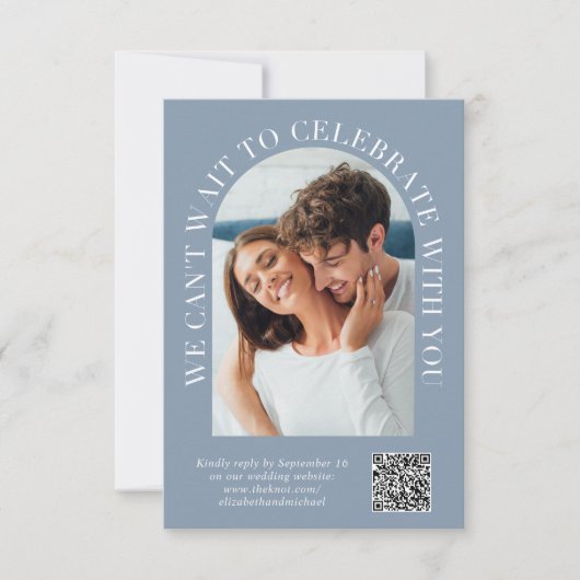 アーエレガントチフォトQRコードほこりっぽいブルー結婚ズ 出欠カード (正面)