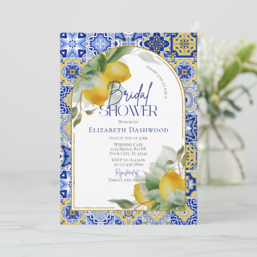 アーエレガントチブルーイタリアンタイルレモンブライダルシャワー 招待状 (スタンド正面)