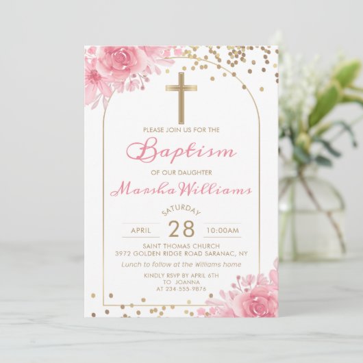 アーエレガントチ金ゴールドグリッターピンクフローラガールバプテスマ 招待状 (スタンド正面)