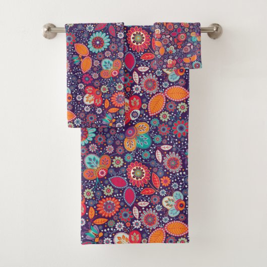 アーカラフルトイラストレーション自然フローラルパターン バスタオルセット (インサイチュ)